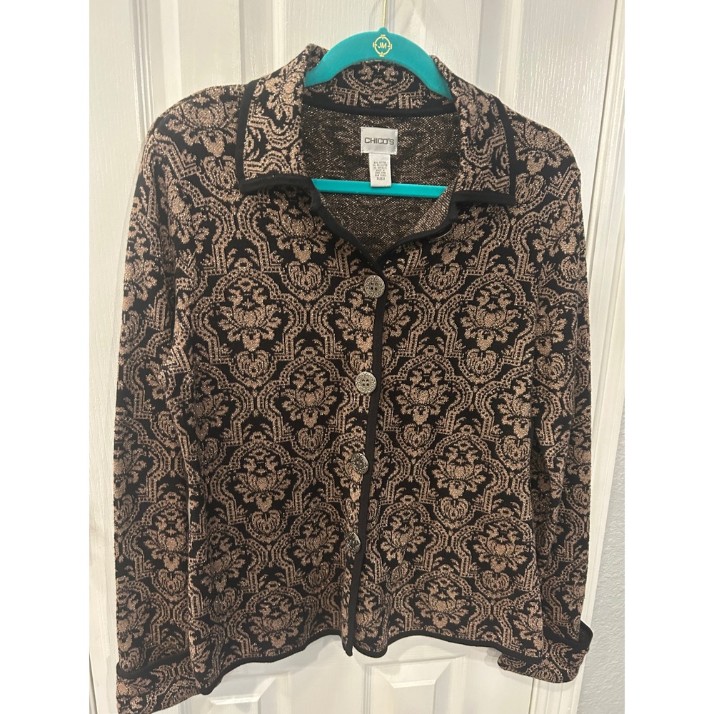 Chico's Cardigan Sweater Gold Black Metallic Damask Jacquard Button Front Knit